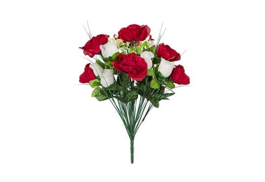 A silk bouquet of red and white roses for graveside display