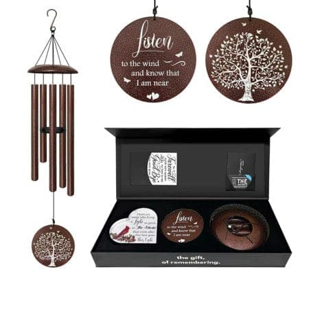 Serenity bronze flower wind chime gift set with tree of life wind sail and keepsake box