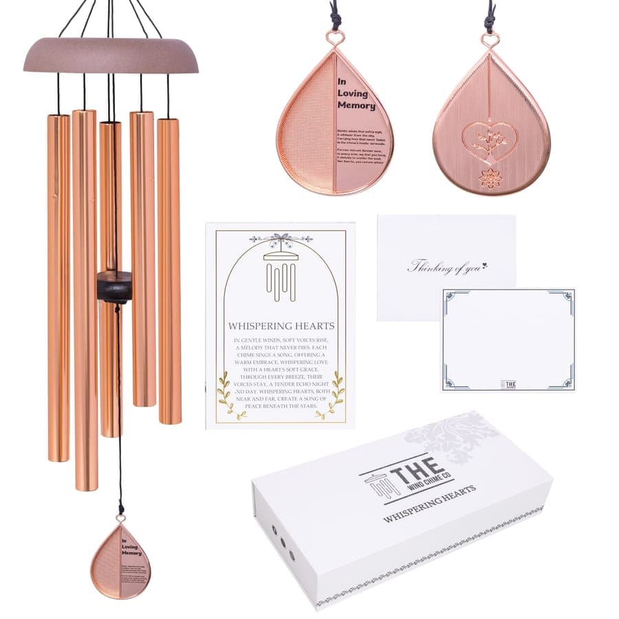 Whispering Hearts wind chime gift set in rose gold with heart charm and engraved wind sails