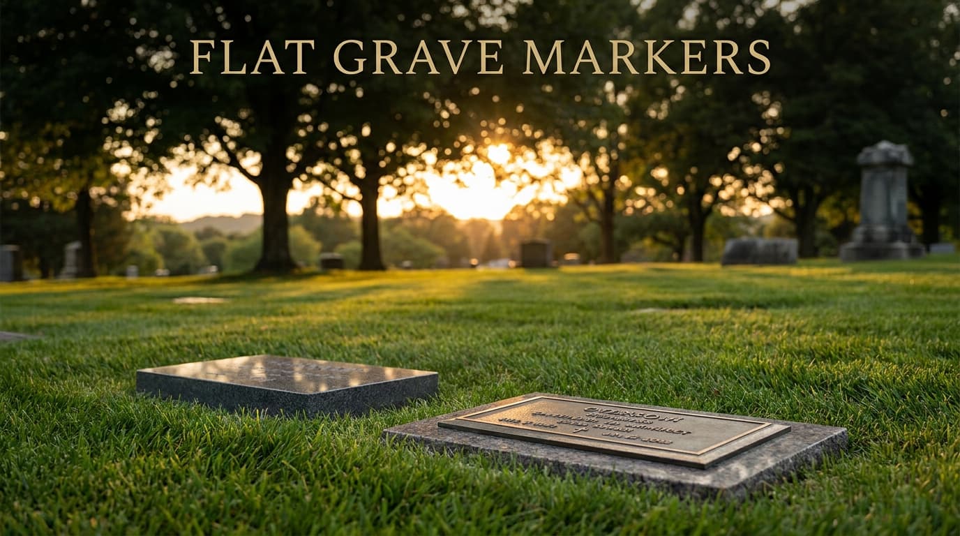 Flat grave markers in a peaceful cemetery showing granite and bronze memorial options