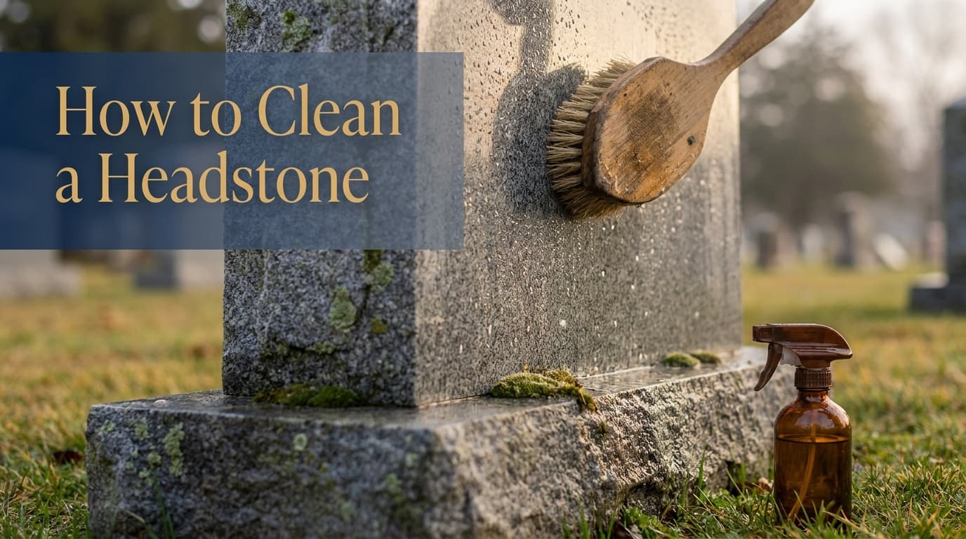 A family member gently cleaning a granite headstone with a soft brush and water in a peaceful Ohio cemetery