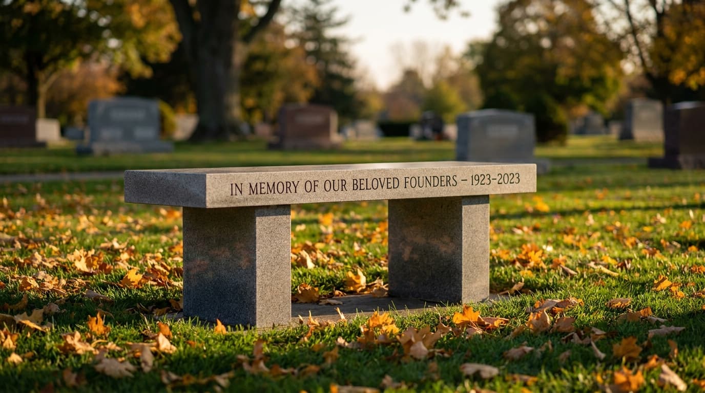 Elegant gray granite memorial bench with engraved inscription set in a peaceful Northeast Ohio cemetery garden, surrounded by autumn foliage