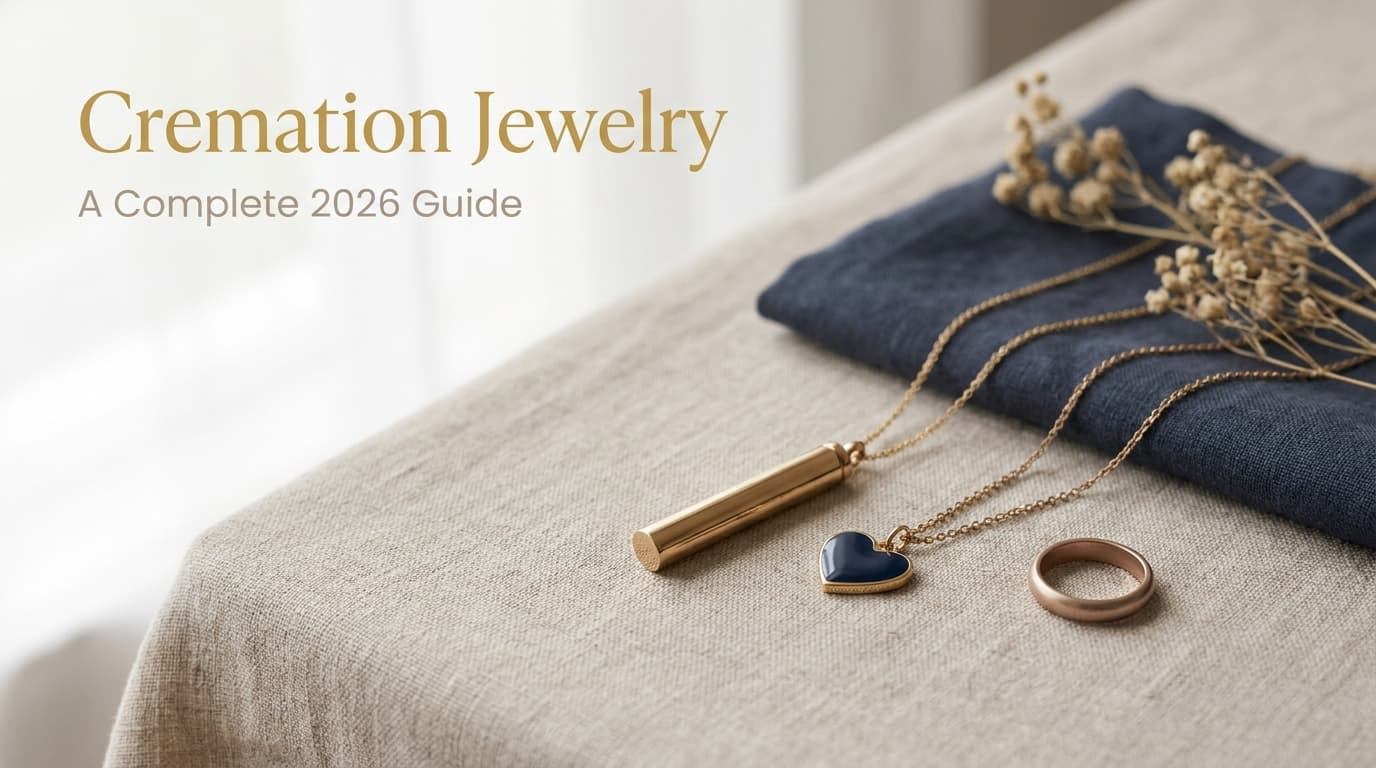 Cremation jewelry guide featured image showing memorial keepsake pendants and rings in navy and gold on a soft neutral background