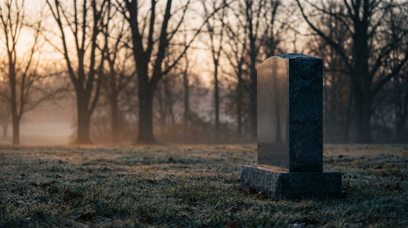 Granite headstone standing in a quiet Northeast Ohio cemetery at dawn, illustrating how long it takes to get a headstone