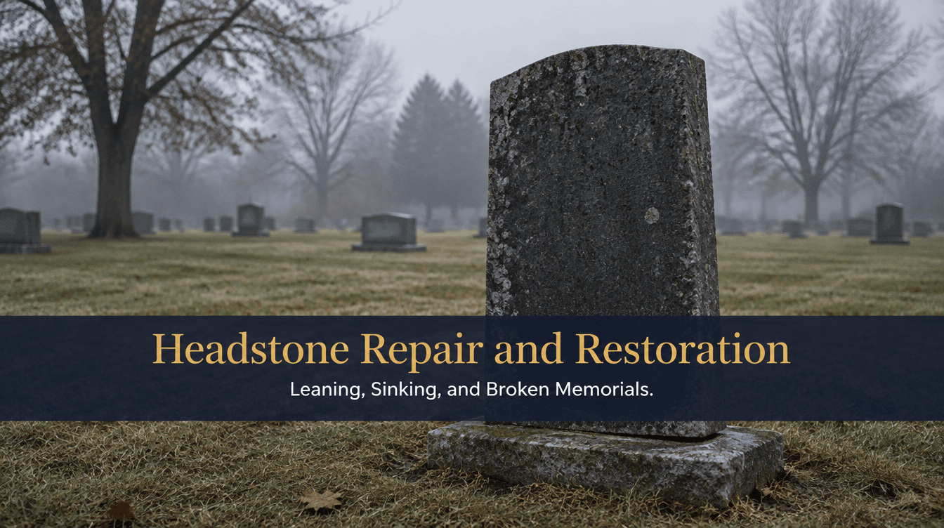 A weathered granite headstone standing slightly out of plumb in a quiet Northeast Ohio cemetery at dawn, illustrating headstone repair and restoration