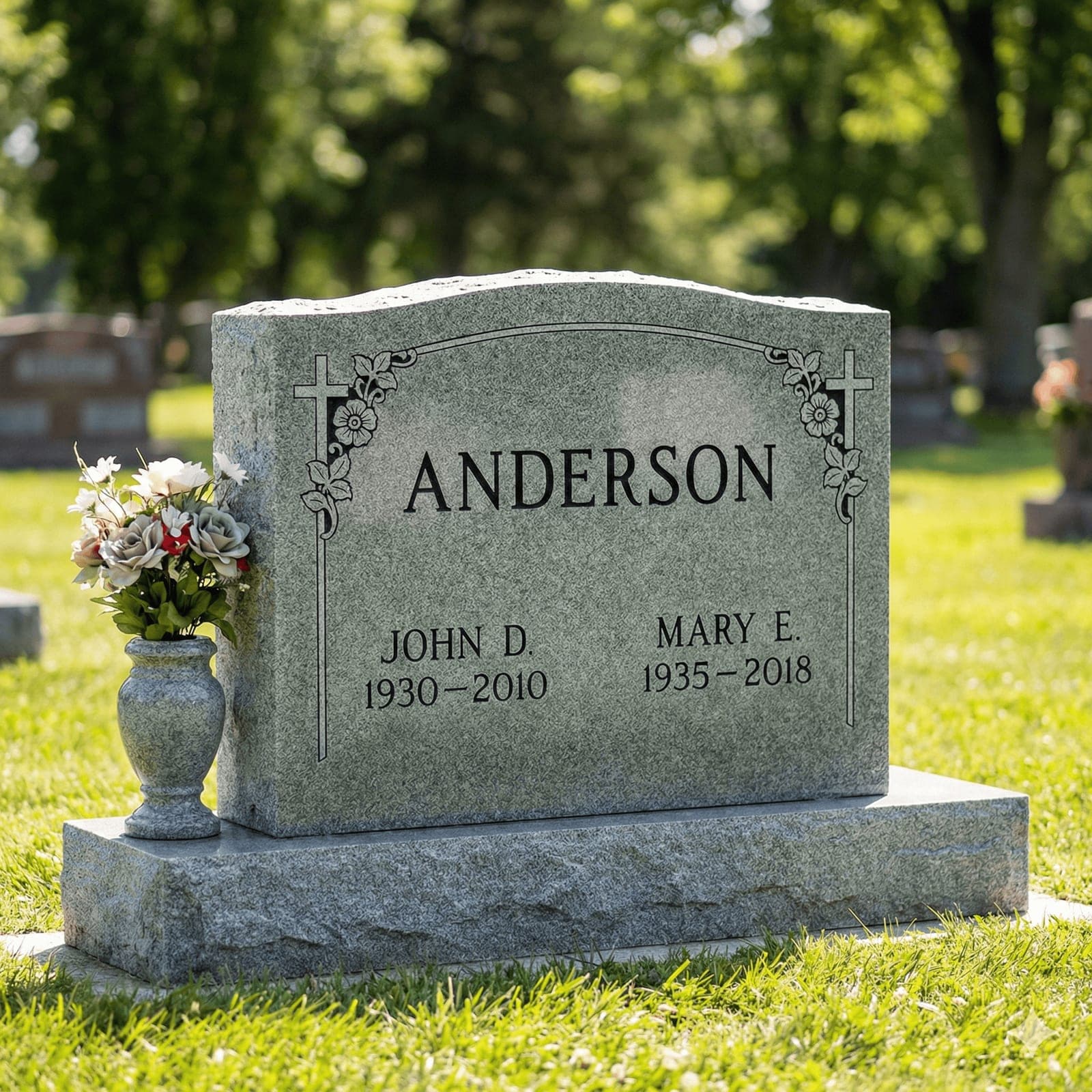 A gray granite companion monument with engraved crosses and flowers at a sunlit Ohio cemetery