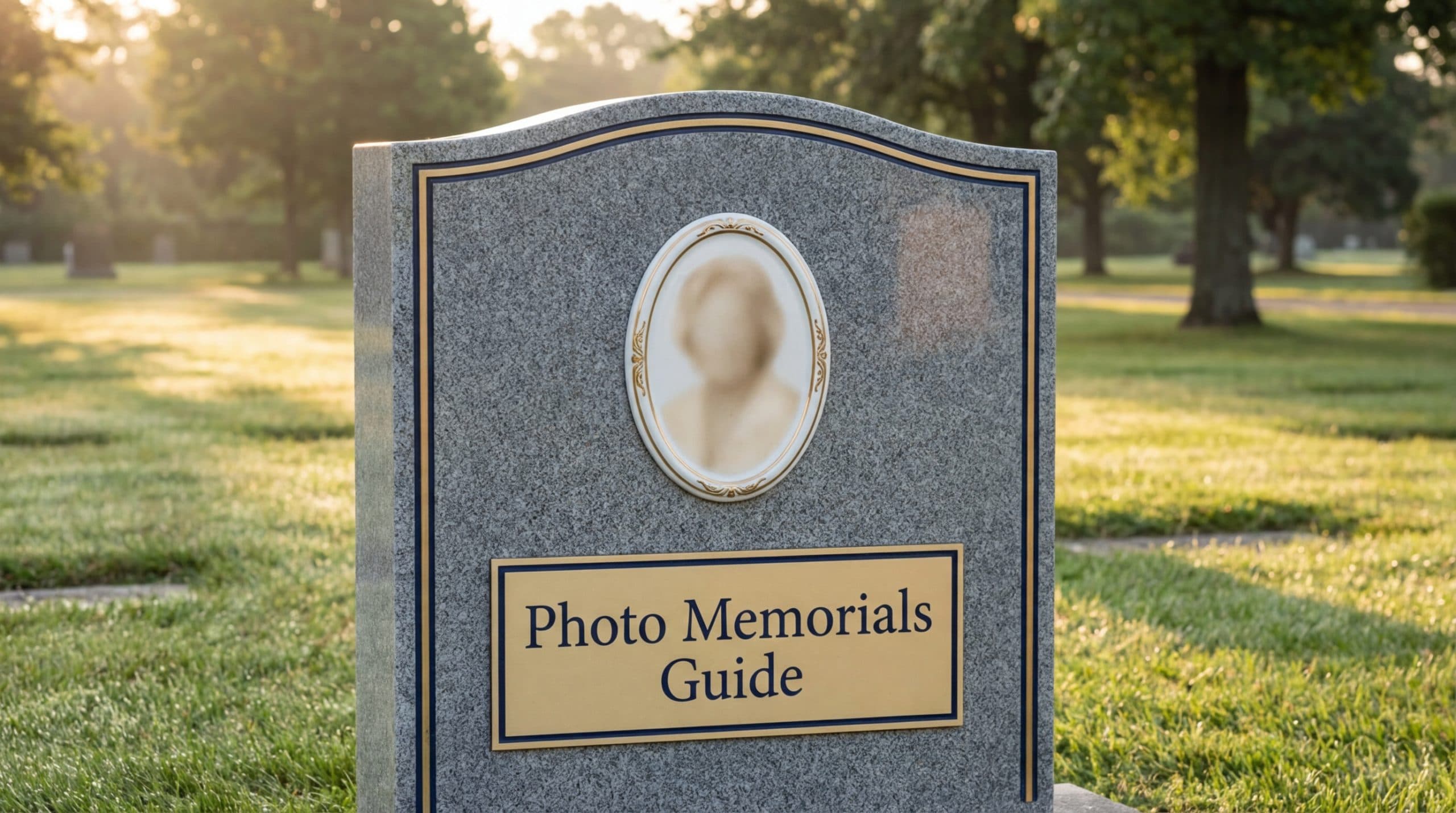 Photo on headstone memorial options showing ceramic porcelain and laser etched portraits on granite monuments