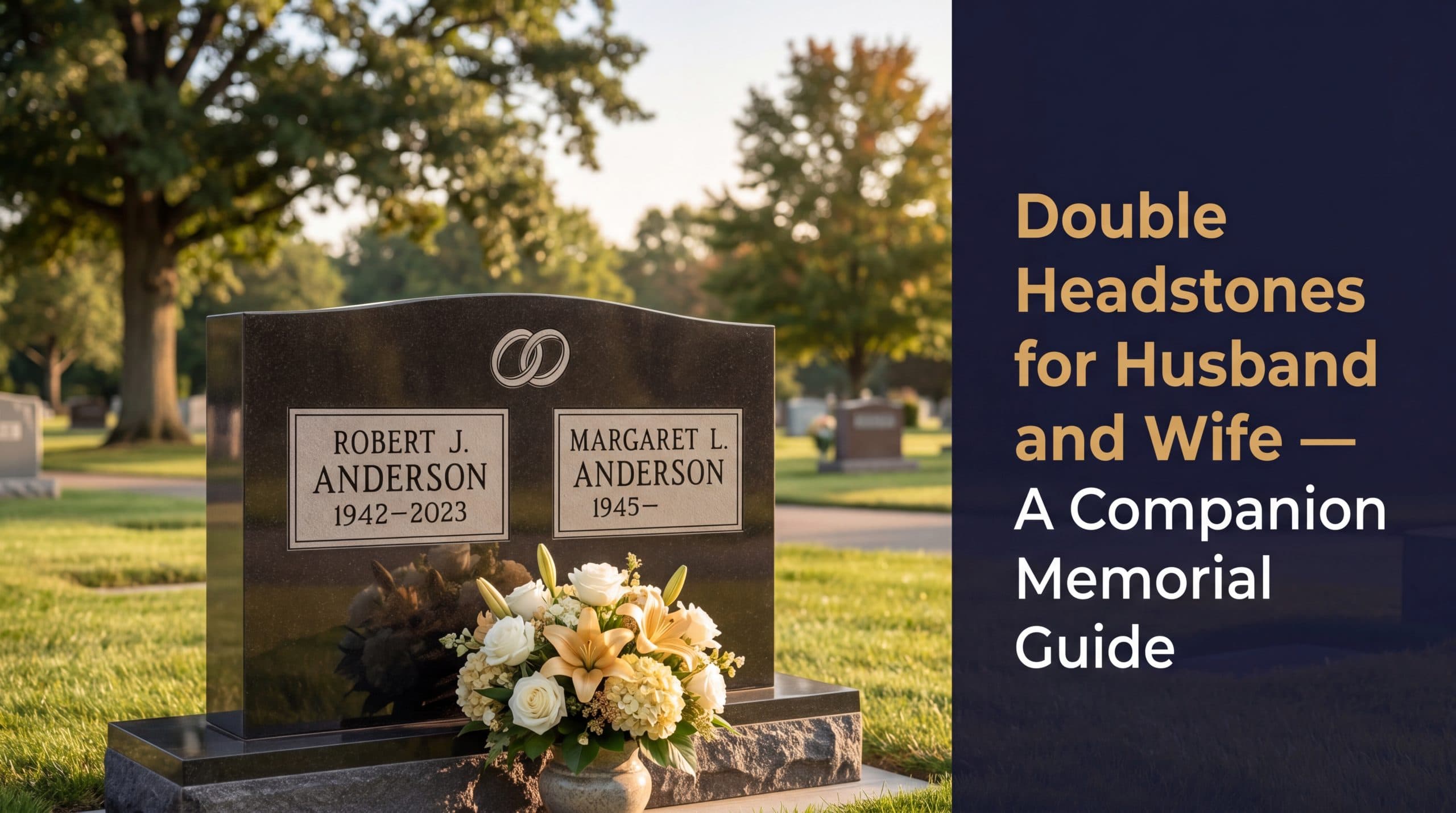 Double headstones for husband and wife: granite companion memorial with two names