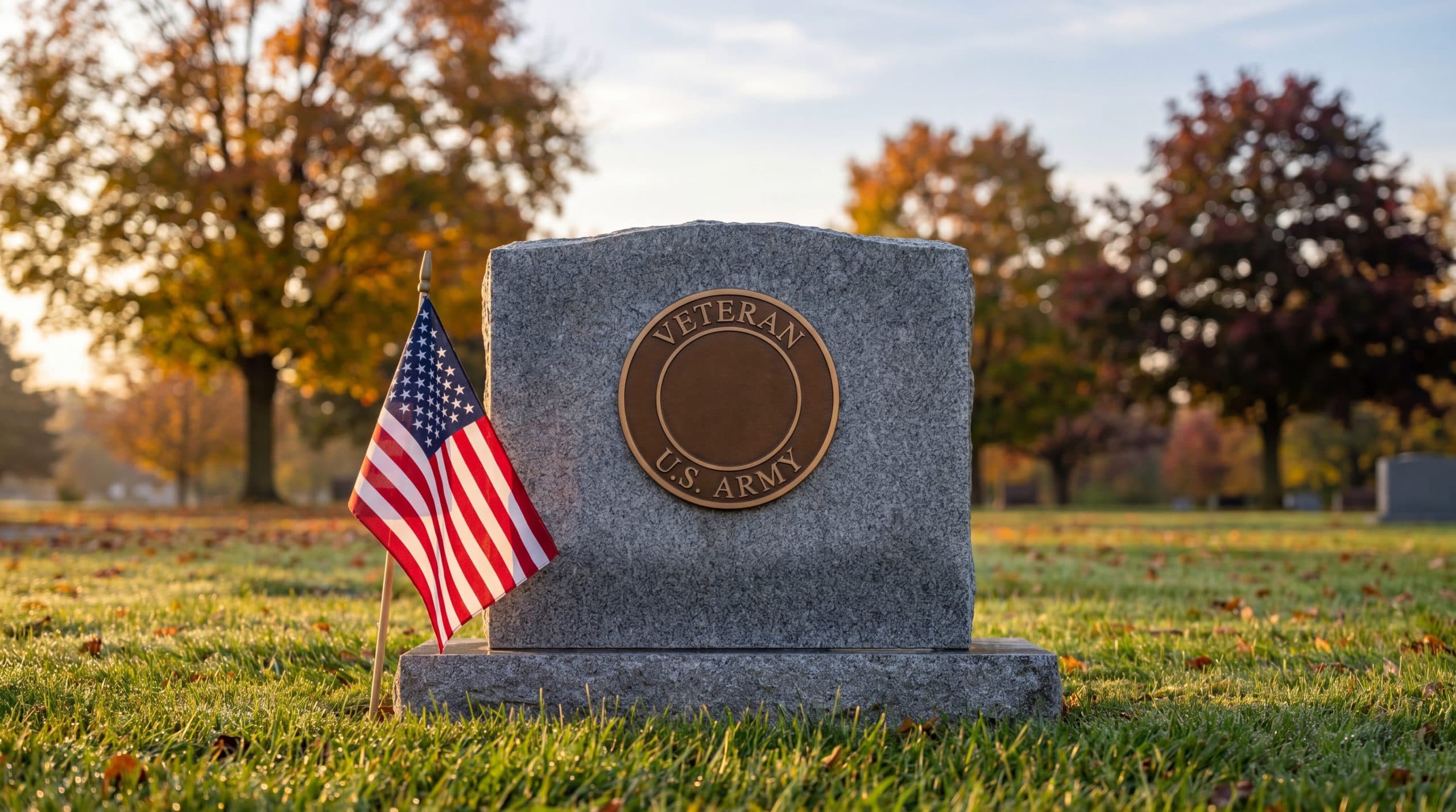 Bronze VA veteran medallion affixed to a polished gray granite headstone in a peaceful Northeast Ohio cemetery on a Memorial Day morning, American flag in soft focus background