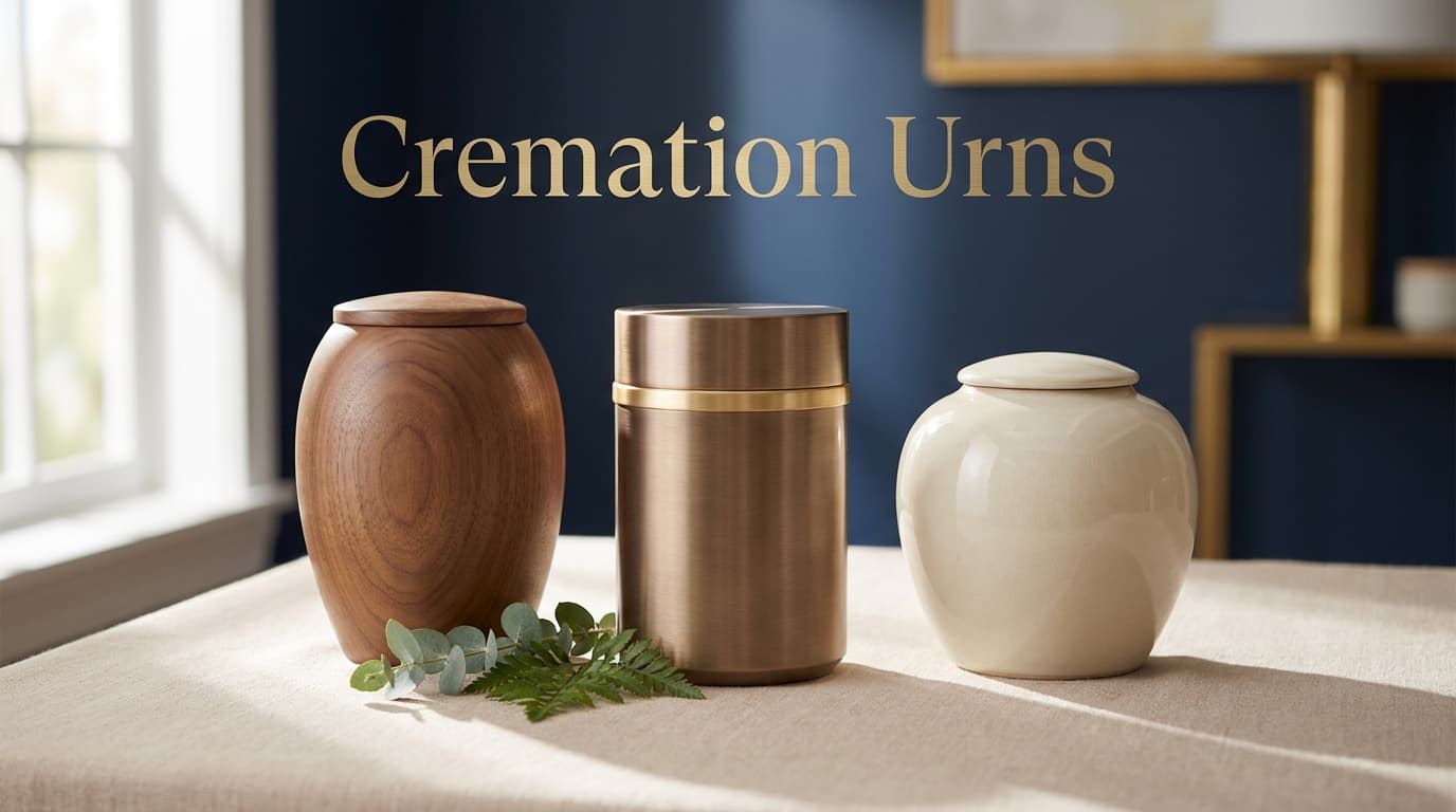 A collection of cremation urns in wood, metal, and ceramic displayed with quiet dignity
