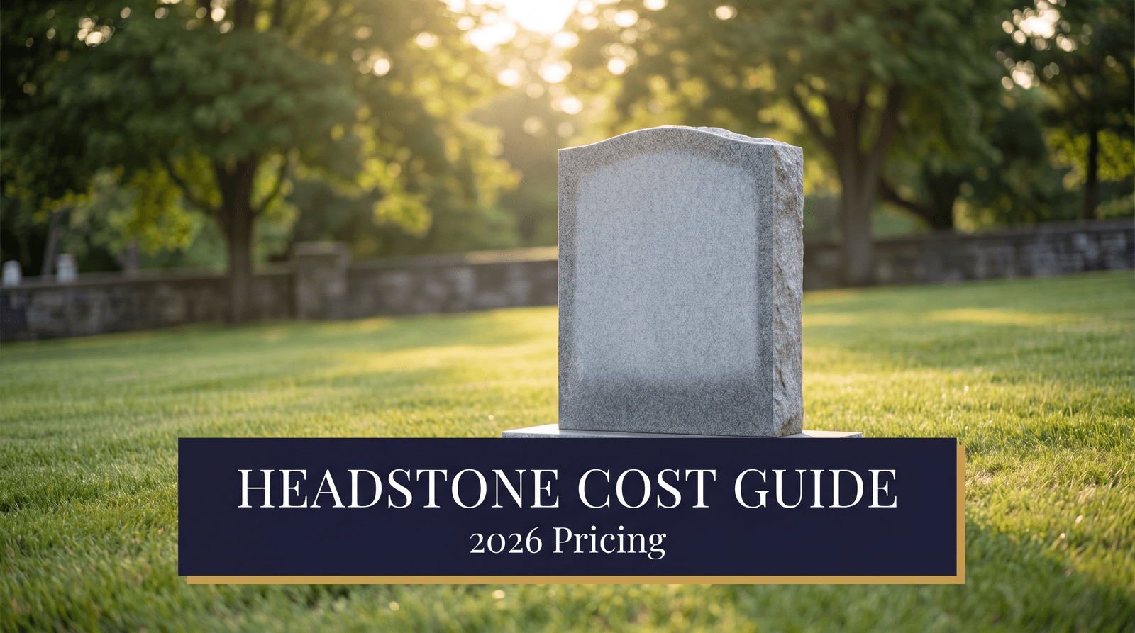 An upright grey granite headstone in a peaceful Northeast Ohio cemetery, with text reading Headstone Cost Guide 2026