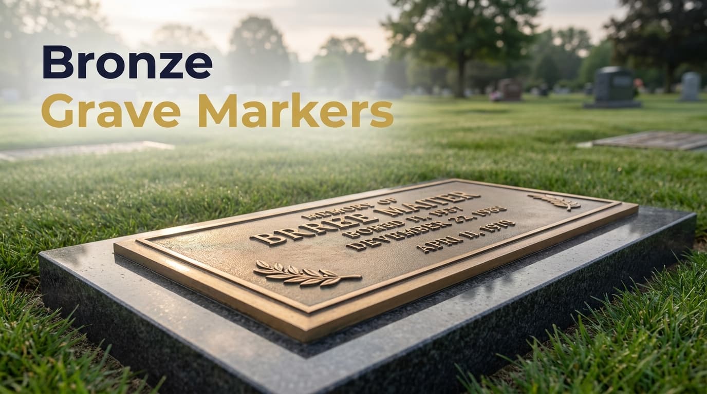 Warm bronze flat grave marker on a polished granite base resting level with green cemetery lawn, with raised lettering catching the light