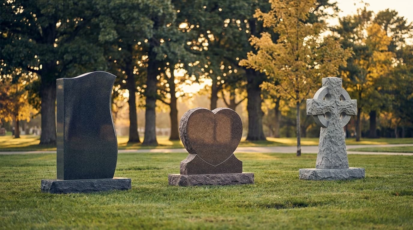 A collection of custom headstone designs in a Northeast Ohio cemetery, including an upright granite monument, a heart-shaped stone, and a carved cross, showing different memorial design styles