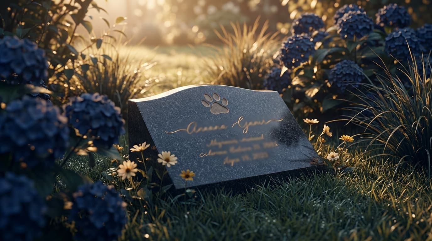 Custom granite pet headstone with a carved paw print and inscription resting in a peaceful garden setting