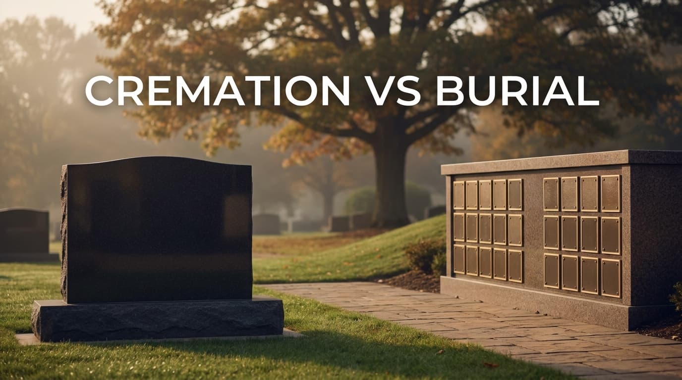 Cremation vs burial comparison for Ohio families showing a granite headstone and a columbarium niche at a peaceful cemetery
