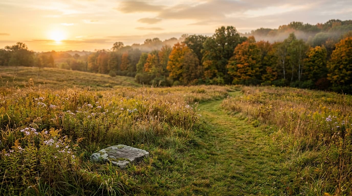 A restored prairie meadow at a Northeast Ohio natural burial ground in early autumn, with a small flat fieldstone grave marker resting low in the grass beside a mown path