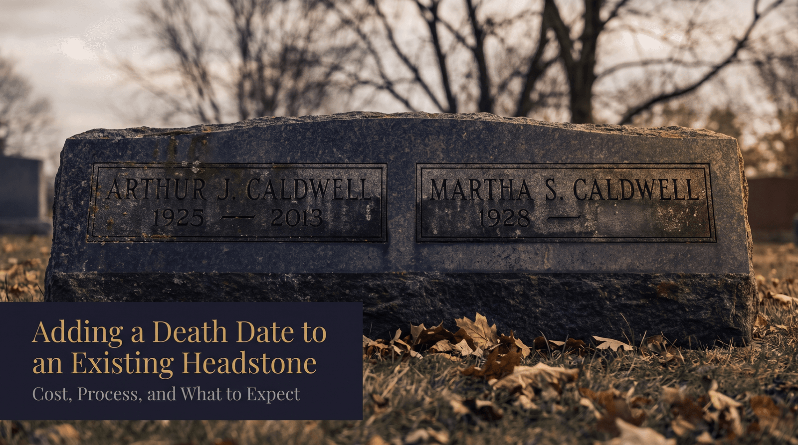 A weathered granite companion headstone in an Ohio cemetery with a blank space beside a name, waiting for a death date to be added