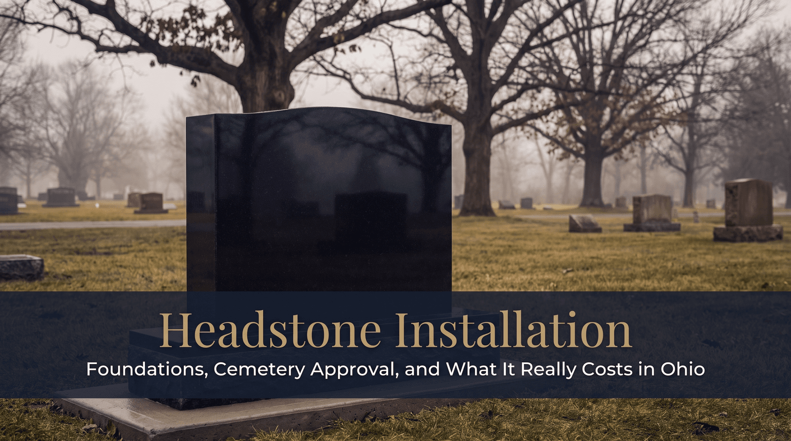 Granite memorial set on a poured concrete foundation in a Northeast Ohio cemetery at dawn